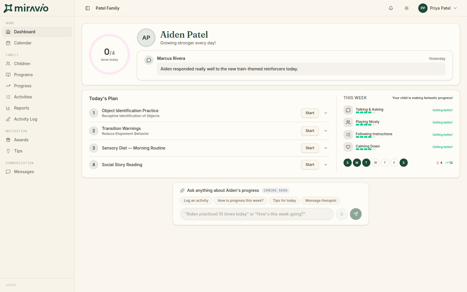 The Miravio parent portal: today's home practice plan, a note from the therapist, and skill progress bars with encouraging language